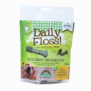 basil daily floss pets treats and chews with toothpaste inside for cleaner dogs puppy teeth 180gms in a packet - pack of 1