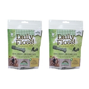 basil daily floss pets treats and chews with toothpaste inside for cleaner dogs puppy teeth 180gms in a packet - pack of 2