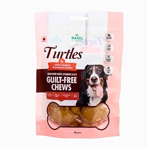 basil gluten free chews amp dog treats for puppy amp dog with turtle peanut butter  layered with chicken  100 rawhide free chew treat for dogs amp puppies  dog breath freshener  pack of 1  100 grams