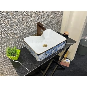 luxury table top sanitary ware  ceramic tabletop wash basin  countertop vessel sink  wash basin over counter for bathroom - white blue 19 x 14 x 5 inch nctt-440