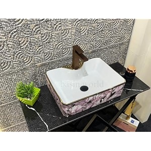 luxury table top sanitary ware  ceramic tabletop wash basin  countertop vessel sink  wash basin over counter for bathroom - white pink 19 x 14 x 5 inch nctt-441