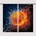Basketball Curtains W28 x L48 Inch Rod Pocket Kids Sports Fire Ball Water Flame Thunder Lightning Print Pattern Privacy Fabric Window Drapes for Boys Bedroom Nursery Baby Playroom 2 Panels
