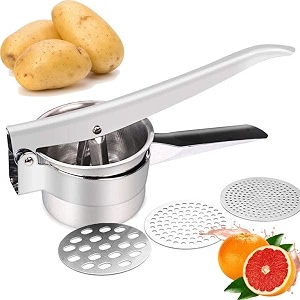 baskety 29 cm potato ricer fruit and vegetable masher with 3 interchangeable discs stainless steel press and mash kitchen gadget for perfect mashed potatoes