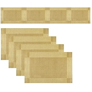 baskety waterproof non-slip woven vinyl pvc table mats with table runner set washable heat resistant dining table mats for kitchen coffee table and home decor gold set of 4 mats  1 runner