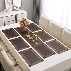 baskety heat resistant set of 6 pvc table mats with 1 table runner waterproof non-slip washable stylish brown color dining placemats set for dining table kitchen and home dcor