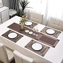Baskety Modern Dining Table Runner with Placemats Set Waterproof, Heat-Resistant, Non-Slip Woven PVC Table Mats for Kitchen, Coffee Table and Home Décor – Brown (1 Runner + 4 Placemats)