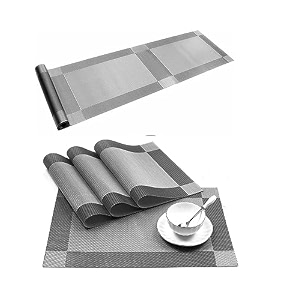 baskety set of 4 pvc table mats with 1 table runner set waterproof non-slip heat resistant pvc woven vinyl washable dining placemats for kitchen coffee table restaurant home decor silver