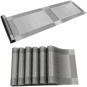 baskety set of 6 pvc table mats with 1 piece table runner waterproof non-slip heat resistant washable stylish placemats set for dining kitchen coffee table and restaurant silver