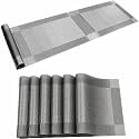 Baskety Set of 6 PVC Table Mats with 1 Piece Table Runner Waterproof Non-Slip Heat Resistant Washable Stylish Placemats Set for Dining Kitchen, Coffee Table and Restaurant (Silver)