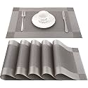 Baskety Table Mats Washable Woven PVC Placemats Non-Slip Heat Resistant Decorative Rectangle Dining Mats for Kitchen, Dining Room and Restaurant – Silver (Set of 6, 45x30 cm)