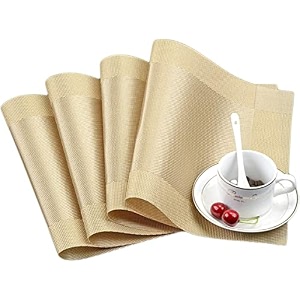 baskety table mats set of 4 washable woven pvc placemats non-slip heat resistant decorative rectangle dining table mats for kitchen dining room coffee table and home decor gold 45 x 30 cm