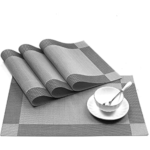 baskety premium washable woven pvc placemats non-slip heat resistant decorative rectangle dining table mats for kitchen dining room and restaurant  silver set of 4 45x30 cm