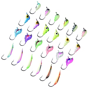 bassdash ice fishing lure kit glowing paint jigs for winter ice jigging crappie sunfish perch walleye pike with tackle box