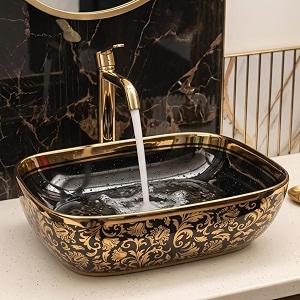 bassino 18x13x55 inches table top washbasin1 year warrantyceramic wash basin for bathroomrectangular shape counter top wash basin for dining hallliving roomvessel sinkglossy black amp gold