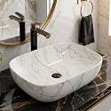 BASSINO 18x13x5.5 Inches Table Top Washbasin/1 Year Warranty/Ceramic Wash Basin for Bathroom/Rectangule Counter Top Wash Basin for Restaurant/Dining Hall/Living Room(Glossy White &amp; Brown Marble)