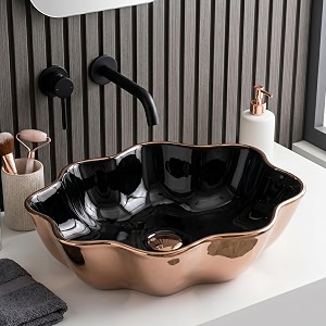 bassino 20x12x55 inches ceramic counter top wash basin1 year warrantyflower tabletop basin for bathroomabove counter sink for dining hallliving roomhotelofficeblack amp rose gold finish