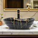 BASSINO 18x14x6 Inches Ceramic Counter Top Wash Basin/1 Year Glazing Warranty/Designer Black Basin for Bathroom with Brown Veins/Tabletop Washbasin for Dining Hall/Living Room(Matt Marble Finish)
