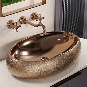 bassino 24x16x6 inches table top washbasin1 year warrantyceramic wash basin for bathroomoval shape counter top wash basin for restaurantdining hallliving roomhomeglossy rosegold