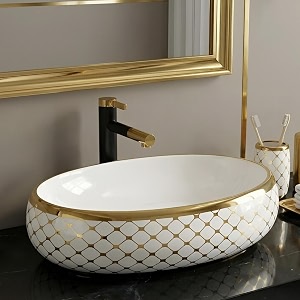 bassino 24x16x6 inches table top washbasin1 year warrantyceramic wash basin for bathroomoval shape counter top wash basin for restaurantdining hallliving roomhomeglossy white amp gold