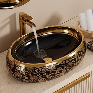 bassino 24x16x6 inches table top washbasin1 year warrantyceramic wash basin for bathroomoval shape counter top wash basin for restaurantdining hallliving roomhomeglossy black amp gold