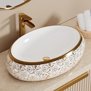bassino 24x16x6 inches table top washbasin1 year warrantyceramic wash basin for bathroomoval shape counter top wash basin for restaurantdining hallliving roomhomeglossy white amp gold