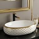 BASSINO 24x16x6 Inches Table Top Washbasin/1 Year Warranty/Ceramic Wash Basin for Bathroom/Oval Shape Counter Top Wash Basin for Restaurant/Dining Hall/Living Room/Home(Glossy White & Gold)