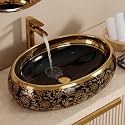 BASSINO 24x16x6 Inches Table Top Washbasin/1 Year Warranty/Ceramic Wash Basin for Bathroom/Oval Shape Counter Top Wash Basin for Restaurant/Dining Hall/Living Room/Home(Glossy Black &amp; Gold)