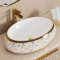 BASSINO 24x16x6 Inches Table Top Washbasin/1 Year Warranty/Ceramic Wash Basin for Bathroom/Oval Shape Counter Top Wash Basin for Restaurant/Dining Hall/Living Room/Home(Glossy White &amp; Gold)