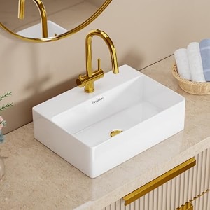 bassino 18x13x5 inches 2 in 1 ceramic table top basin10 years glazing warrantywall mount wash basinmodern rectangular countertop sink for bathroom vanityglossy white washbasin for hotels home