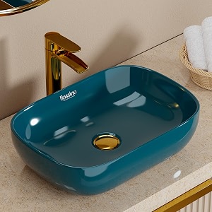 bassino 18x13x55 inches ceramic counter top wash basin10 years glazing warrantyteal-blue basin for bathroomrectangular shape tabletop washbasin for restaurantdining hallliving roomglossy