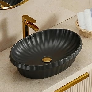 bassino 24x17x7 inches ceramic counter top wash basinmatt black basin for bathroommodern designoval shape tabletop washbasin for restaurantdining hallliving roomhomematt