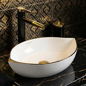 bassino 18x12x5 inches ceramic counter top wash basinwhite amp rose gold basin for bathroommodern designoval shape tabletop washbasin for restaurantdining hallliving roomhomeglossy