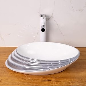 bassino 20x14x5 inches ceramic counter top wash basinwhite amp grey basin for bathroommodern designoval shape tabletop washbasin for restaurantdining hallliving roomhomeglossy