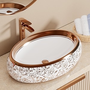 bassino 24x16x6 inches table top washbasin1 year warrantyceramic wash basin for bathroomoval shape counter top wash basin for restaurantdining hallliving roomhomeglossy white amp rose gold
