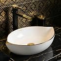 BASSINO 18x12x5 Inches Ceramic Counter Top Wash Basin/White &amp; Rose Gold Basin for Bathroom/Modern Design/Oval Shape Tabletop Washbasin for Restaurant/Dining Hall/Living Room/Home(Glossy)