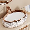 BASSINO 24x16x6 Inches Table Top Washbasin/1 Year Warranty/Ceramic Wash Basin for Bathroom/Oval Shape Counter Top Wash Basin for Restaurant/Dining Hall/Living Room/Home(Glossy White &amp; Rose Gold)