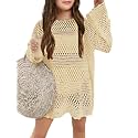 Batermoon Girls Crochet Long Sleeve Swimsuit Cover Up Kids Fashion Hollow Out Swimwear Beach Dress 5-14 Years