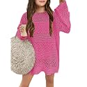 Batermoon Girls Crochet Long Sleeve Swimsuit Cover Up Kids Fashion Hollow Out Swimwear Beach Dress 5-14 Years