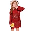 Batermoon Girls Crochet Long Sleeve Swimsuit Cover Up Kids Fashion Hollow Out Swimwear Beach Dress 5-14 Years