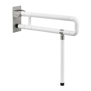 bath guru foldable u-shaped toilet grab bar with floor support leg  heavy duty wall mounted bathroom safety rail  abs amp stainless steel support handle for elderly amp disabled  white  60 x 70 cm