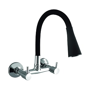 flexible neck dual-flow kitchen sink tap with 2-function showerfoam flow wall mount and chrome finish 1 year warranty black