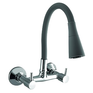 flexible neck dual-flow kitchen sink tap with 2-function showerfoam flow wall mount and chrome finish 1 year warranty grey