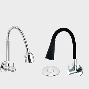 flexible neck dual-flow kitchen sink tap with 2-function showerfoam flow wall mount and chrome finish 1 year warranty multi