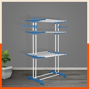 bathla 3 level modular cloth drying stand with wheels - rustproof portable steel laundry rack blue - large - clothes dryer for balcony indoor amp outdoor use