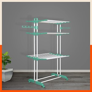 bathla 3 level modular cloth drying stand with wheels - rustproof portable steel laundry rack teal - large - clothes dryer for balcony indoor amp outdoor use