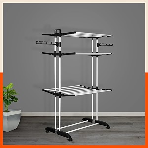 bathla 3 level modular cloth drying stand with wheels - rustproof portable steel laundry rack black - large - clothes dryer for balcony indoor amp outdoor use