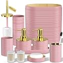 Bathroom Set, 10PC Bathroom Accessory Set, Pink Bathroom Accessories, Pink and Gold Bathroom Set with Trash Can, Soap Dispensers