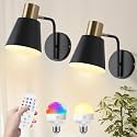 Battery Operated Wall Sconce Set of 2,Rechargeable Wall Lights with Remote Control,Black Gold Modern Wall Sconces Dimmable,15 Colors,Wireless LED Wall Lamp for Bedroom Living Room Farmhouse Hallway