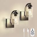 Battery Operated Wall Sconce Set of 2 with Remote Control, Rechargeable Wireless Led Glass Wall Lamp Indoor, Cordless Wall Light Fixtures Wall Mount for Bedroom Bathroom Hallway Farmhouse, Black