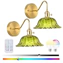 Battery Operated Wall Sconce Vintage, Wireless Rechargeable RGB Wall Light Set of 2，Green Glass Lampshade Wall Lights with Remote Control for Bedroom,Bedside,Mirror,Living Room